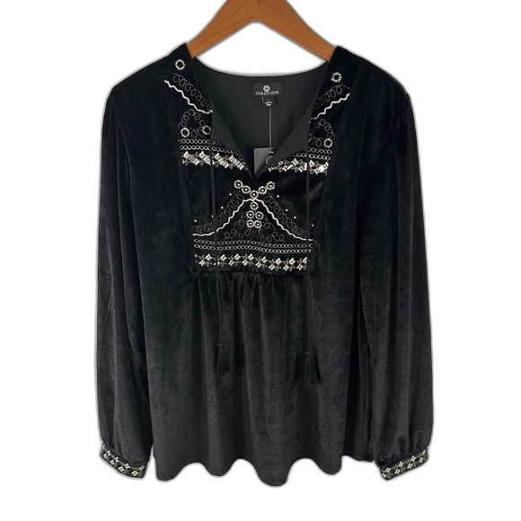Curations Black Embroidered Velvet Blouse NWT Size Large - Picture 1 of 13